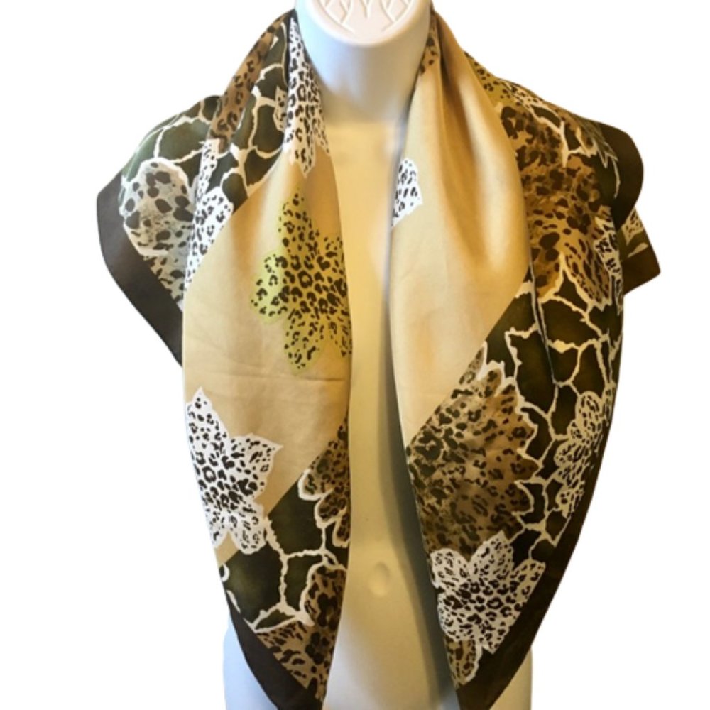Adrienne Landau Studio Vintage Silk Scarf Animal Prints Leopard Brown Gold Large - Picture 4 of 7